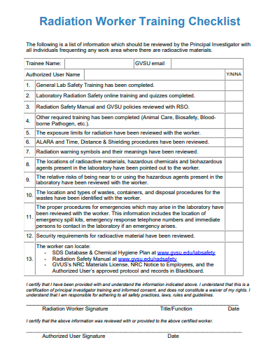 radiation worker training checklist template