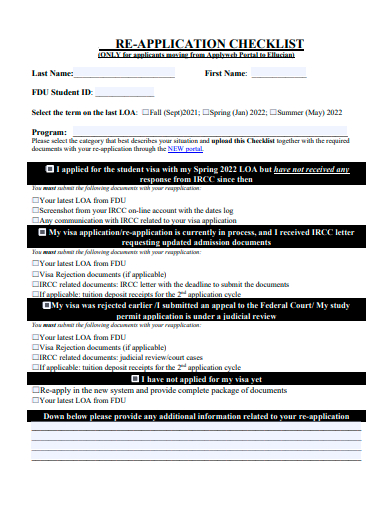 re application checklist template