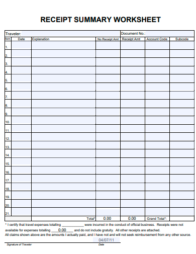 receipt summary worksheet template