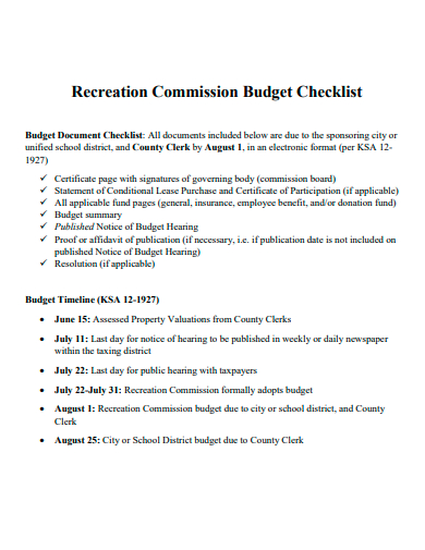 recreation commission budget checklist template