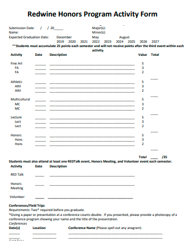 redwine honors program activity form template