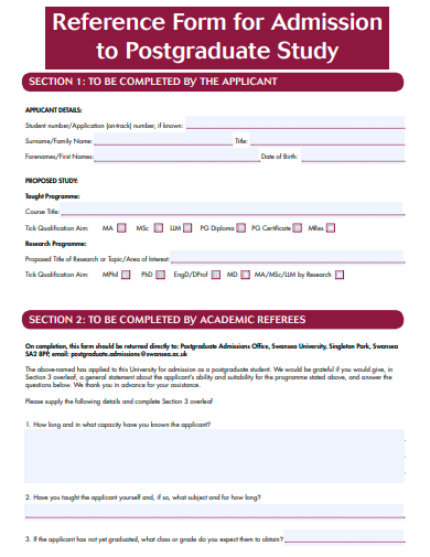 reference form for admission to postgraduate study template