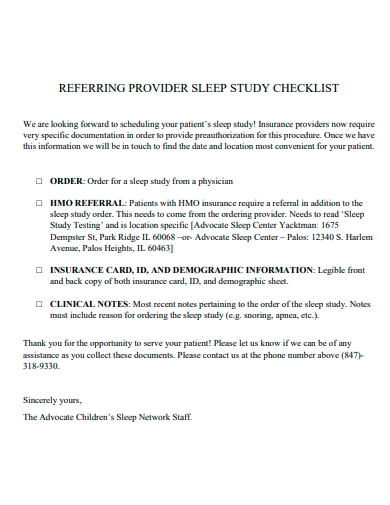 referring provider sleep study checklist template