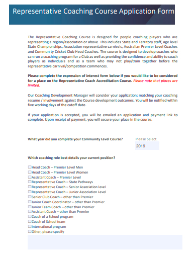 representative coaching course application form template