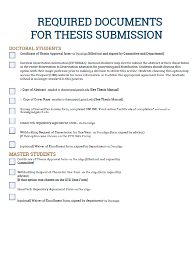 required documents for thesis submission