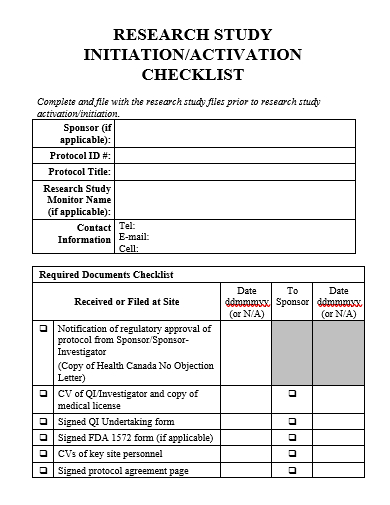 research study activation checklist template