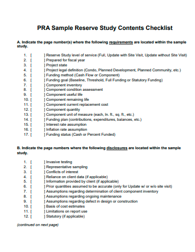 reserve study contents checklist template