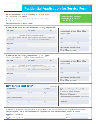 residential application for service form template