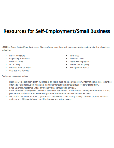 resources for self employment small business