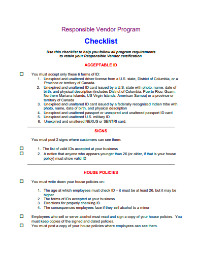responsible vendor program checklist template