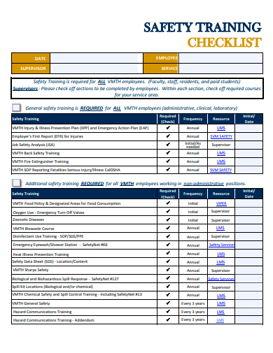 safety training checklist template