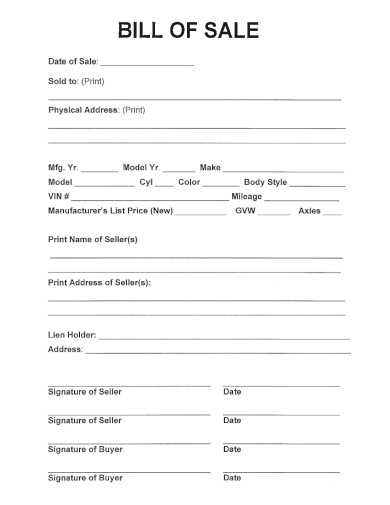 sample bill of sale form template