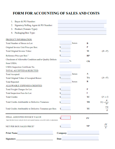sample form for accounting of sales and costs template