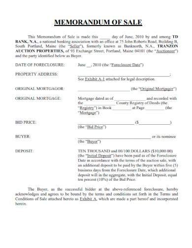 sample memorandum of sale form template