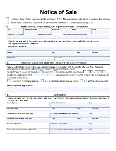 sample notice of sale form template