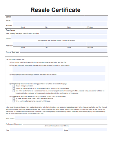 sample re sale certificate form template