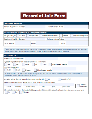 sample record of sale form template