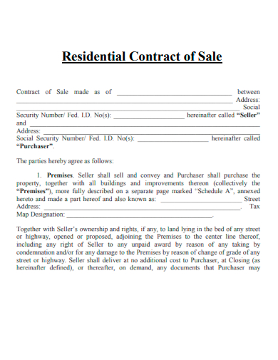 sample residential contract of sale form template