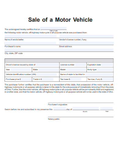 sample sale of a motor vehicle form template
