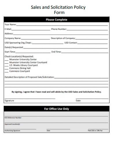 sample sales and solicitation policy form template