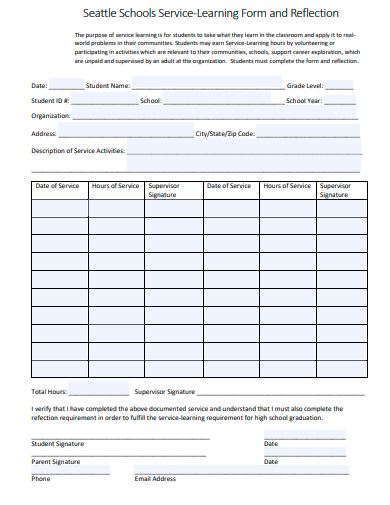 schools service learning form and reflection template