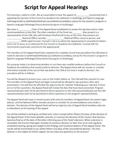 script for appeal hearings