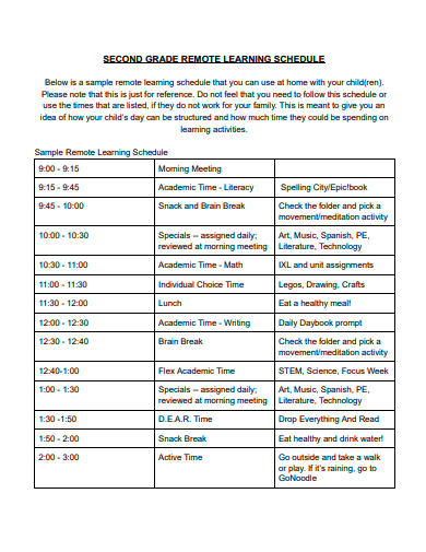 second grade remote learning schedule template