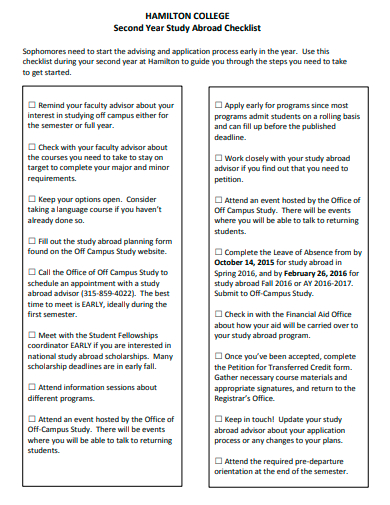 second year study abroad checklist template