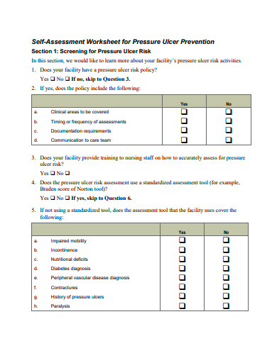 self assessment worksheet for pressure ulcer prevention template