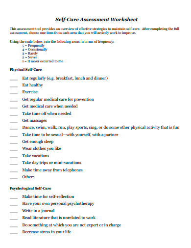 self care assessment worksheet template