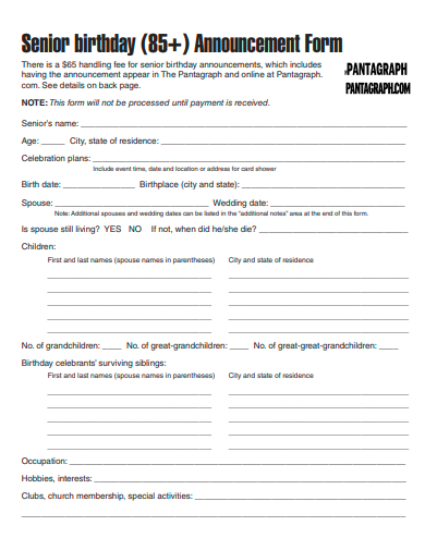senior birthday announcement form template