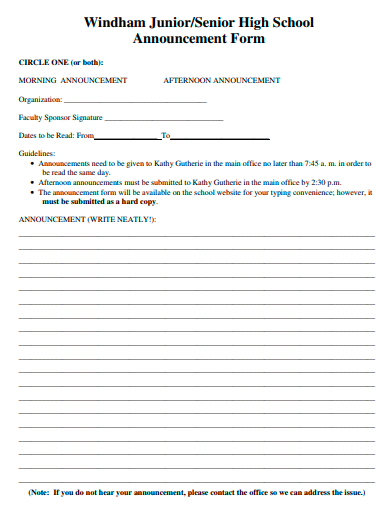 senior high school announcement form template
