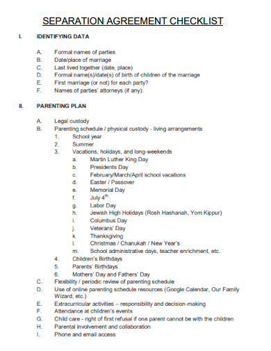 separation agreement checklist
