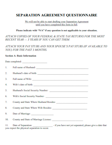 separation agreement questionnaire