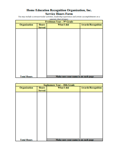 service hours form template