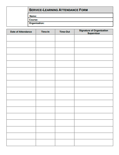 service learning attendance form template