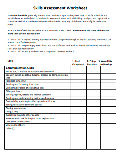 skills assessment worksheet template