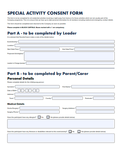 special activity consent form template