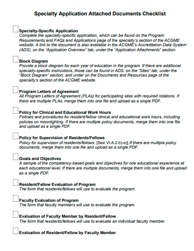 specialty application attached documents checklist template