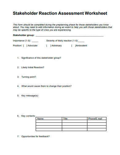stakeholder reaction assessment worksheet template