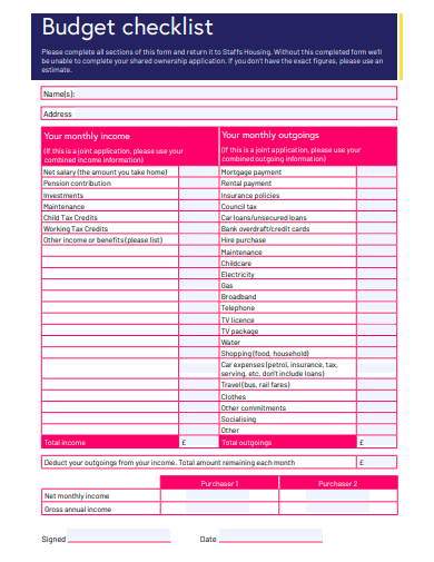 standard budget checklist template