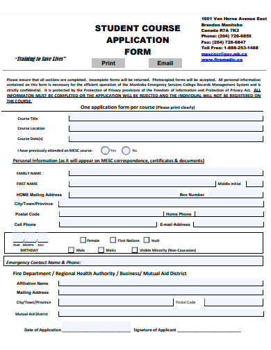 student course application form template