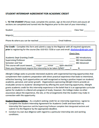 student internship agreement for academic credit template