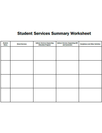 student services summary worksheet template