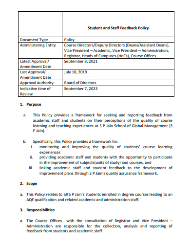 student and staff feedback policy template