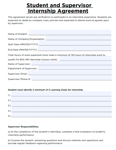 student and supervisor internship agreement template