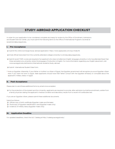 study abroad application checklist template