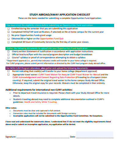 study abroad away application checklist template