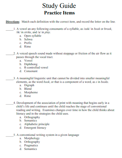 study guide practice items