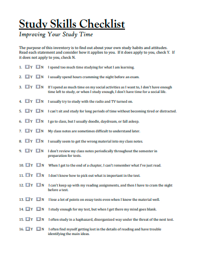 study skills checklist template